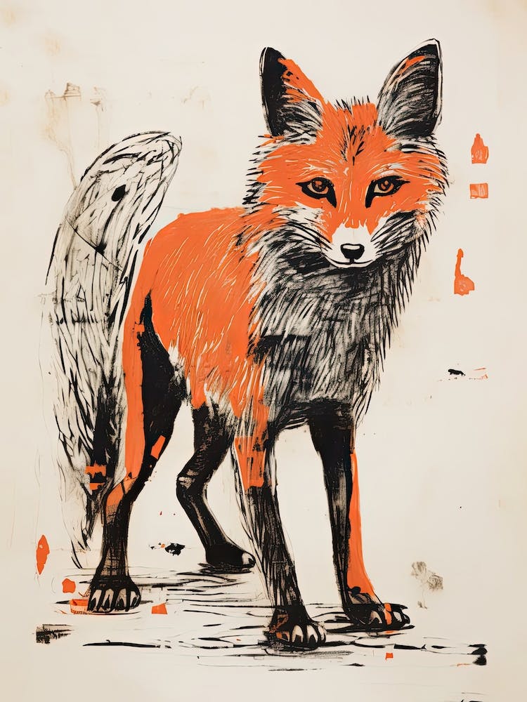 Gray Fox, Woodblock Animal Drawing 3
