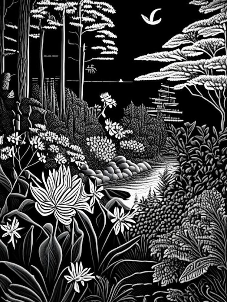 Coastal Maine Botanical Gardens, Usa Linocut Black And White Vintage