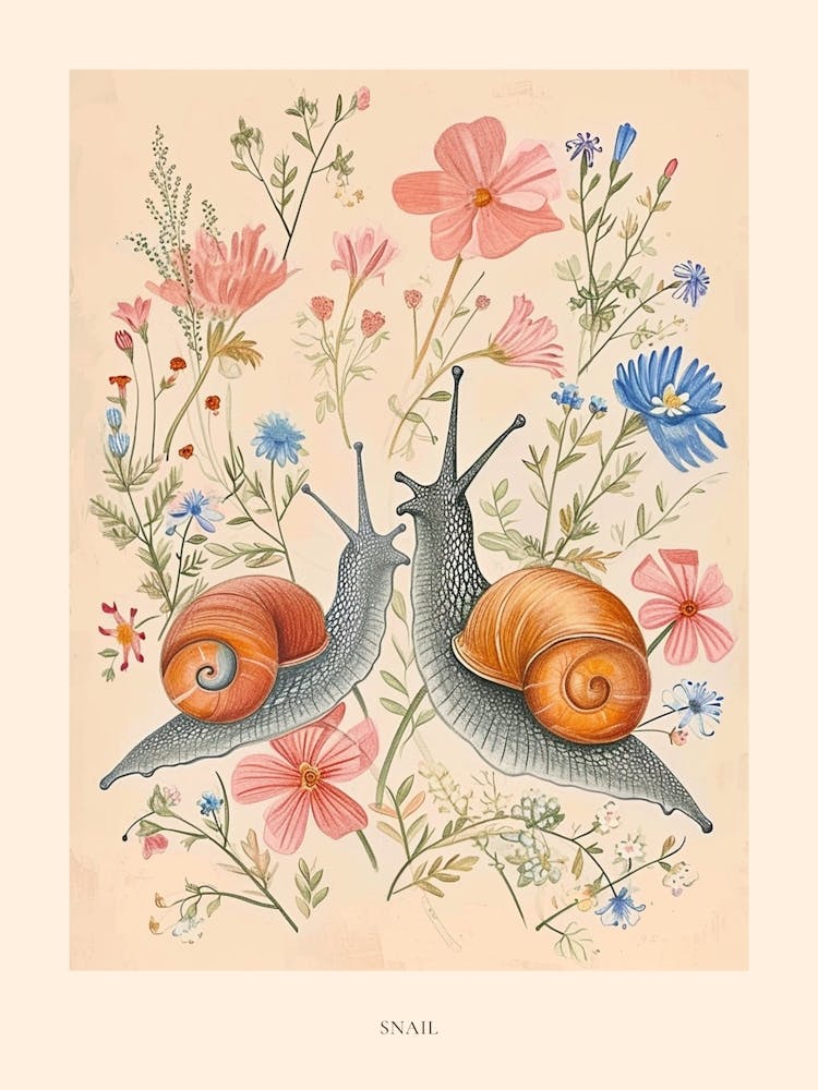 Folksy Floral Animal Drawing Snail Poster