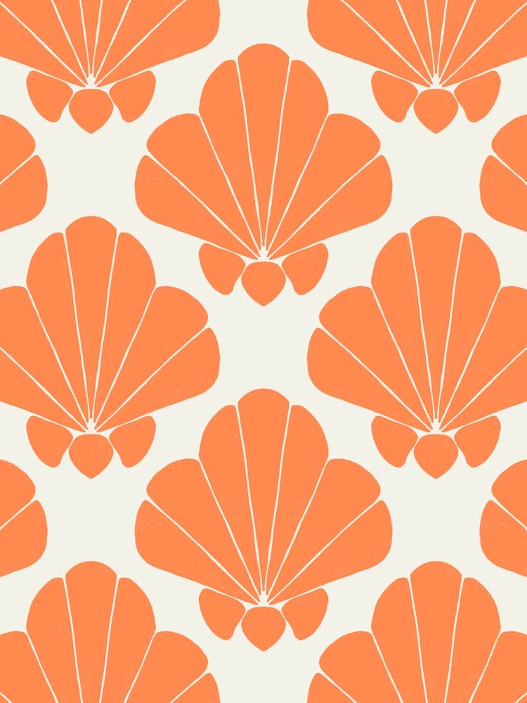 Bright Orange Scallop Shell Damask Grid on Cream White