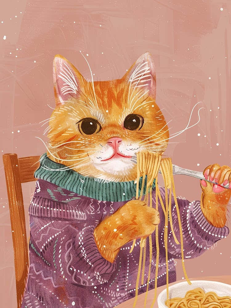 Brown White Cat Eating Pasta Folk Illustration 4