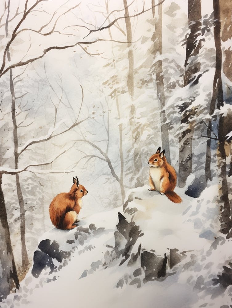 Winter Watercolour Red Squirrel 2