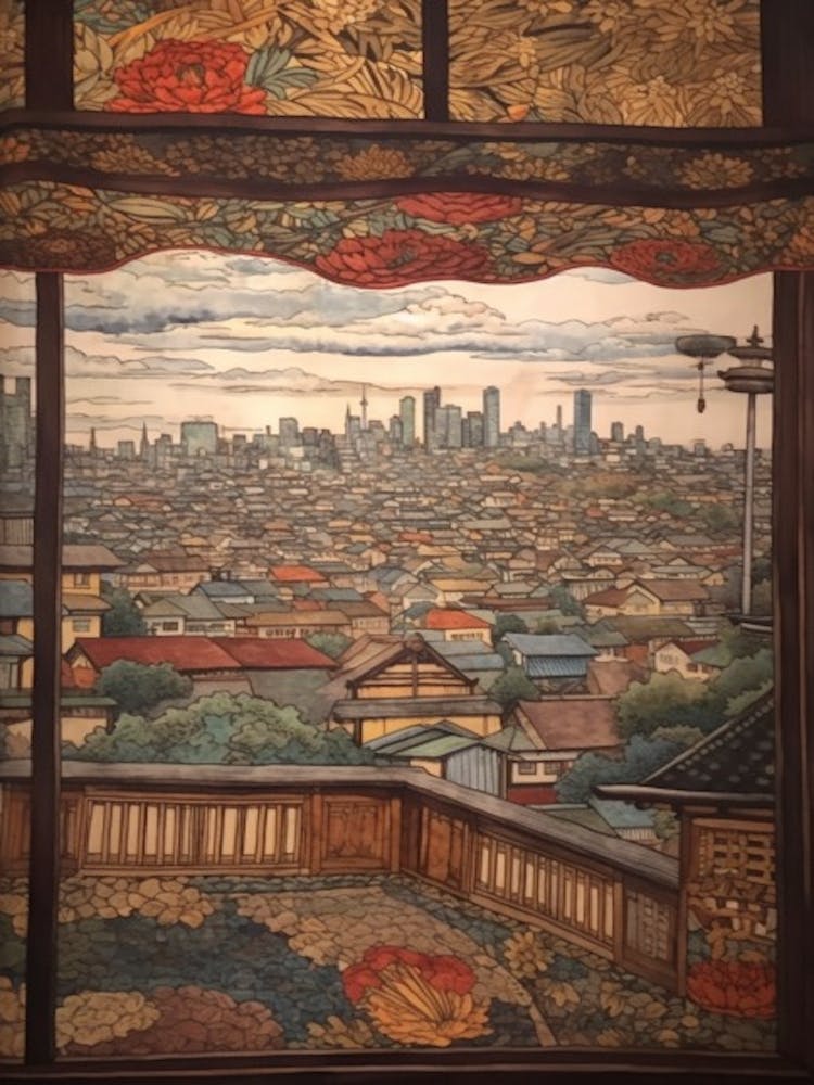 A Window View Of Tokyo In The Style Of Art Nouveau 1