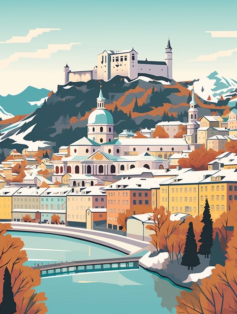 Vintage Winter Travel Illustration Salzburg Austria 2