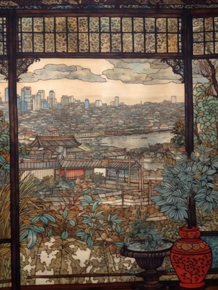 A Window View Of Tokyo In The Style Of Art Nouveau 4