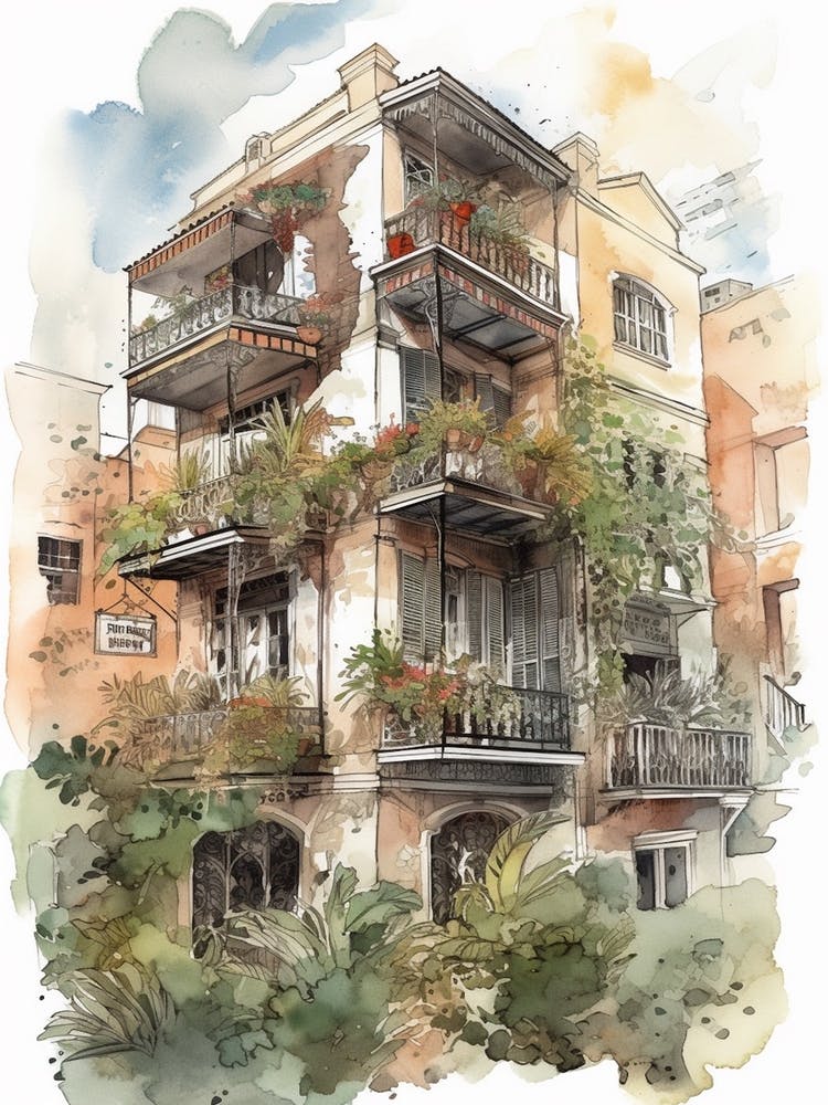 French Quarter New Orleans Neighborhood, Watercolour 1