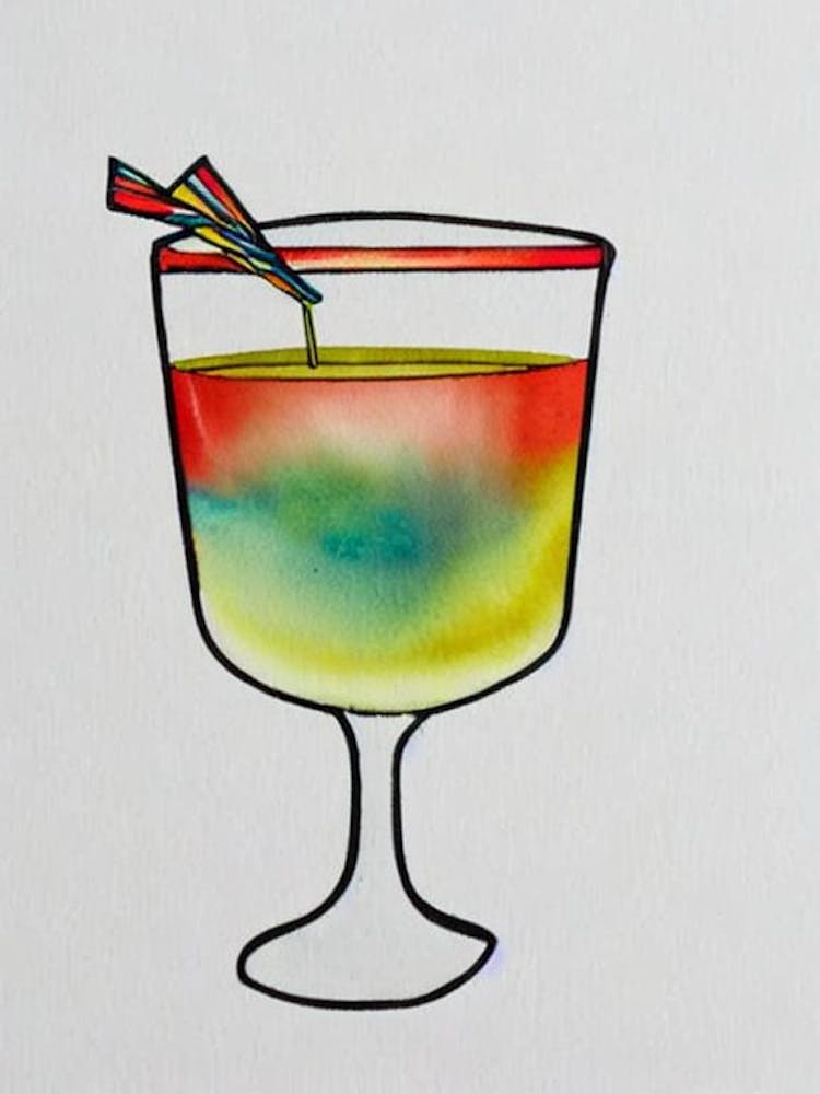 Bubblegum MCocktail Poster artini Minimal Line Drawing With Watercolour Cocktail Poster