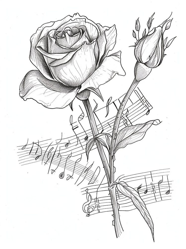English Rose Music Line Drawing 3