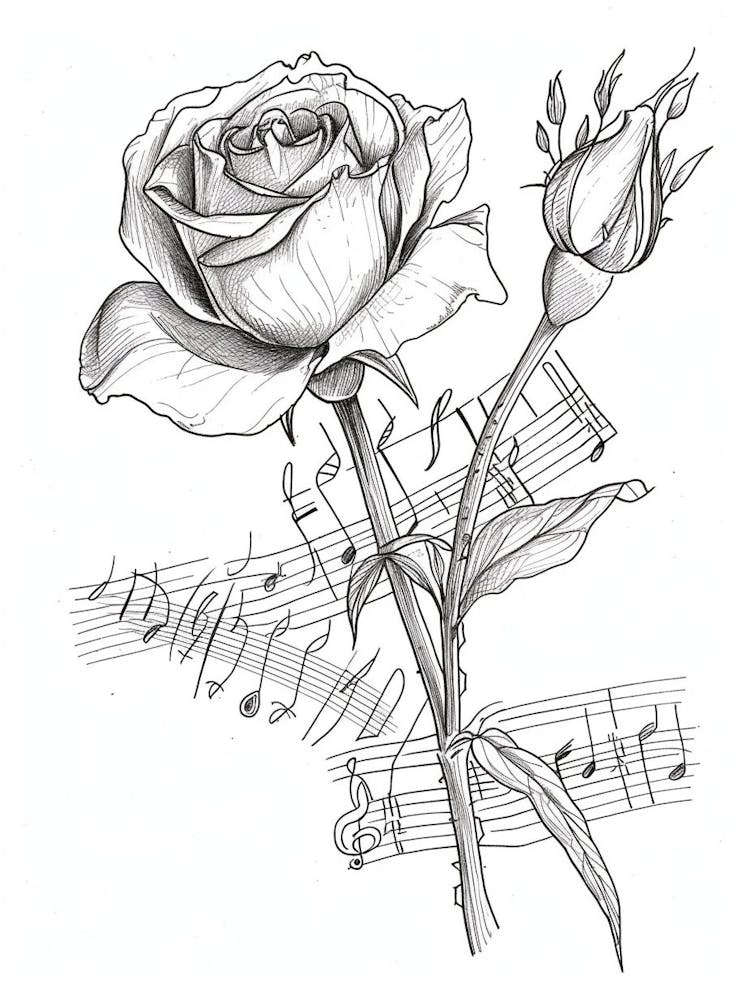 English Rose Music Line Drawing 3