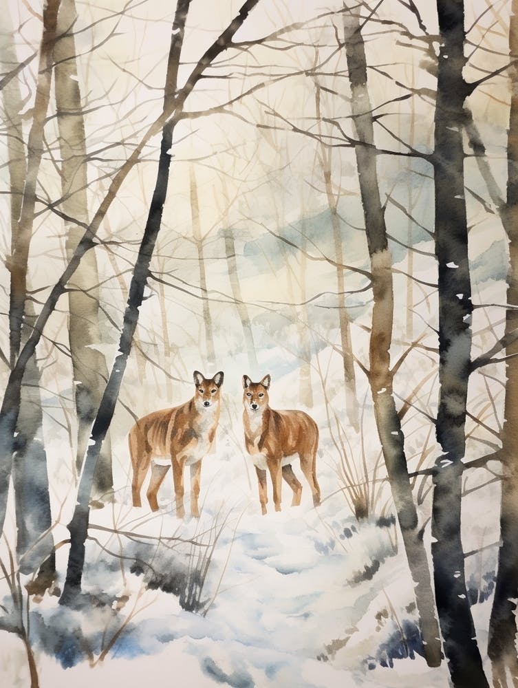 Winter Watercolour Mountain Lion 1