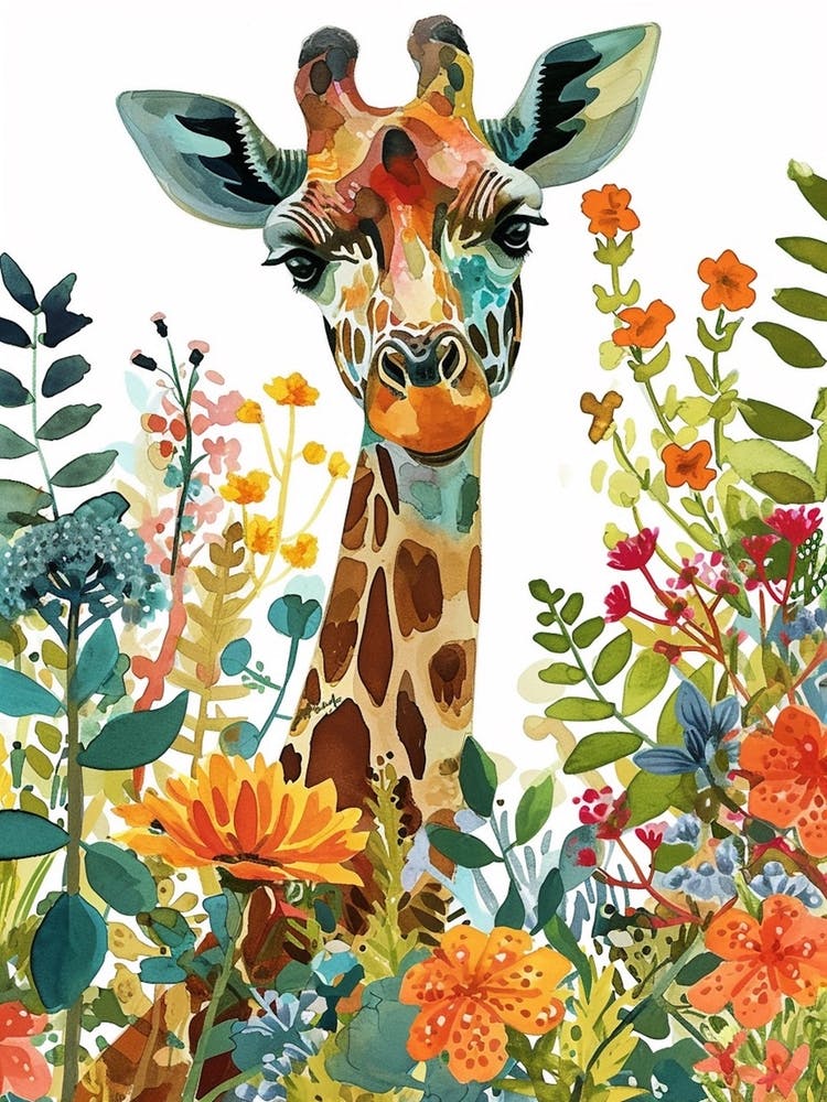 Watercolour Giraffe Head In The Leaves 8