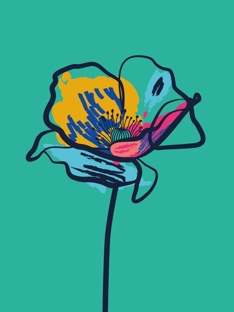 Poppy Flower Minimal Line Art Turquoise