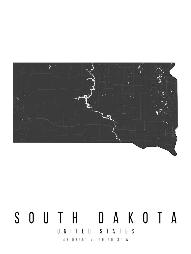 South Dakota Mono Black And White Modern Minimal Street Map