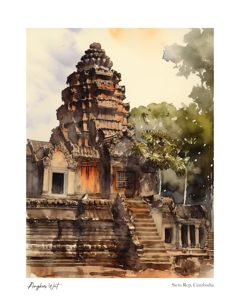 Angkor Wat Cambodia 1 Watercolour Travel Poster