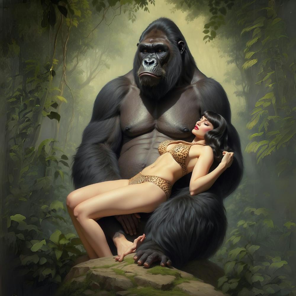 Giant gorilla carries limp sleeping fainted