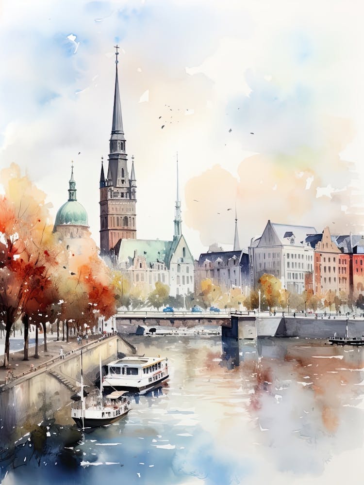 Hamburg Germany In Autumn Fall, Watercolour 4