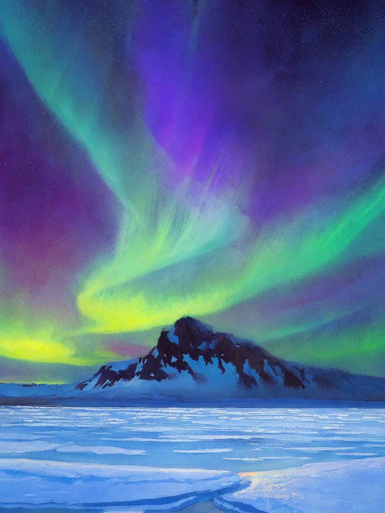 Panoramic Northern Lights Over A Remote Icy Tundra