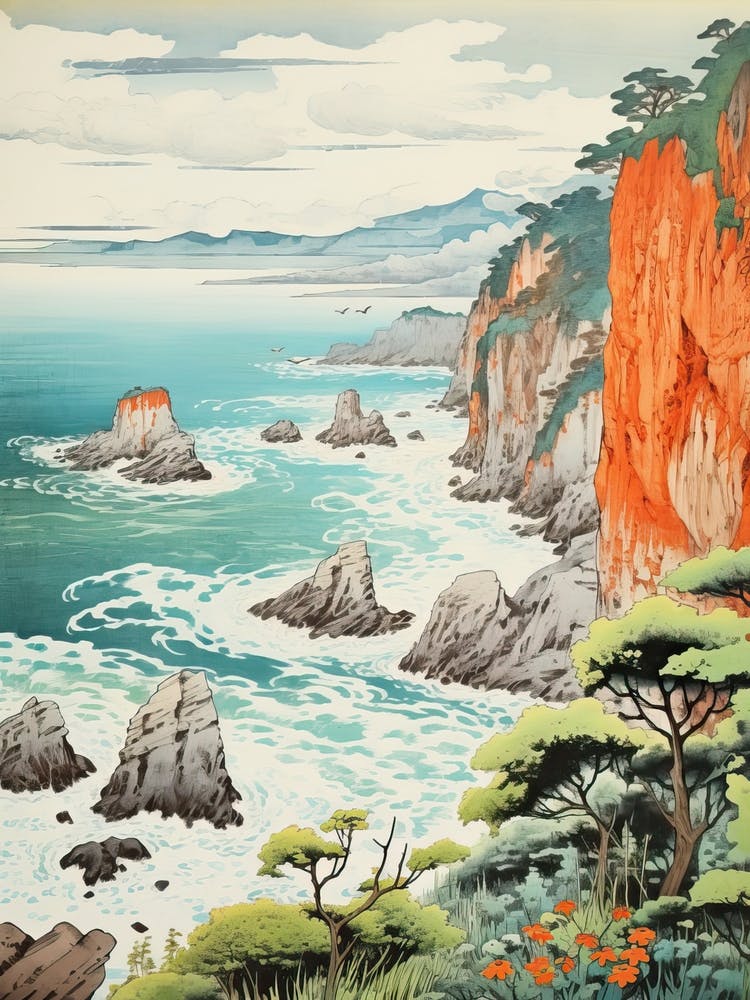 Tojinbo Cliffs In Fukui, Ukiyo E Drawing 1