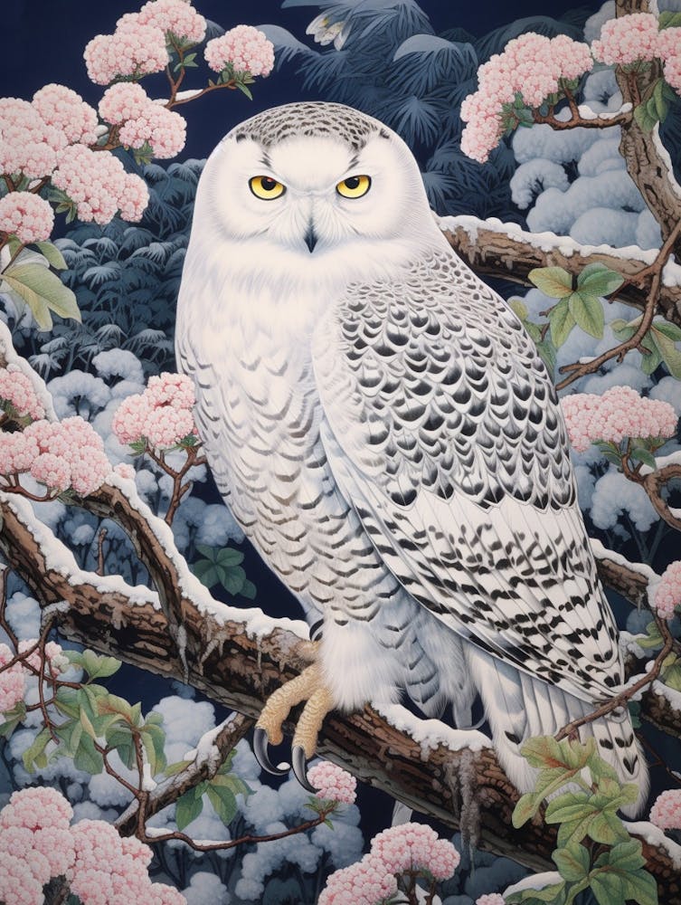 Ohara Koson Inspired Bird Painting Snowy Owl 1