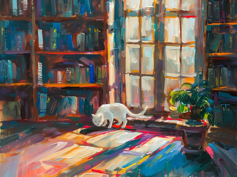 White Cat In The Library - Near The Window