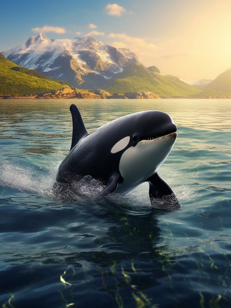 Realistischer Fotografie-Stil Orca Wal mit Sonnenstrahlen