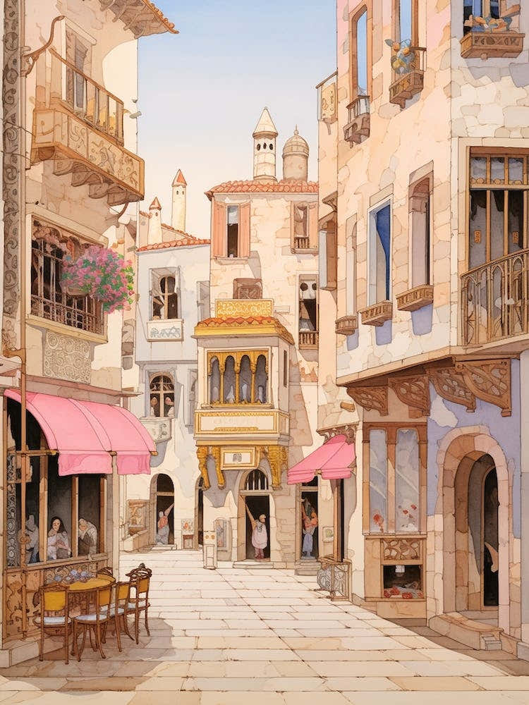 Izmir Turkey 1 Vintage Pink Travel Illustration
