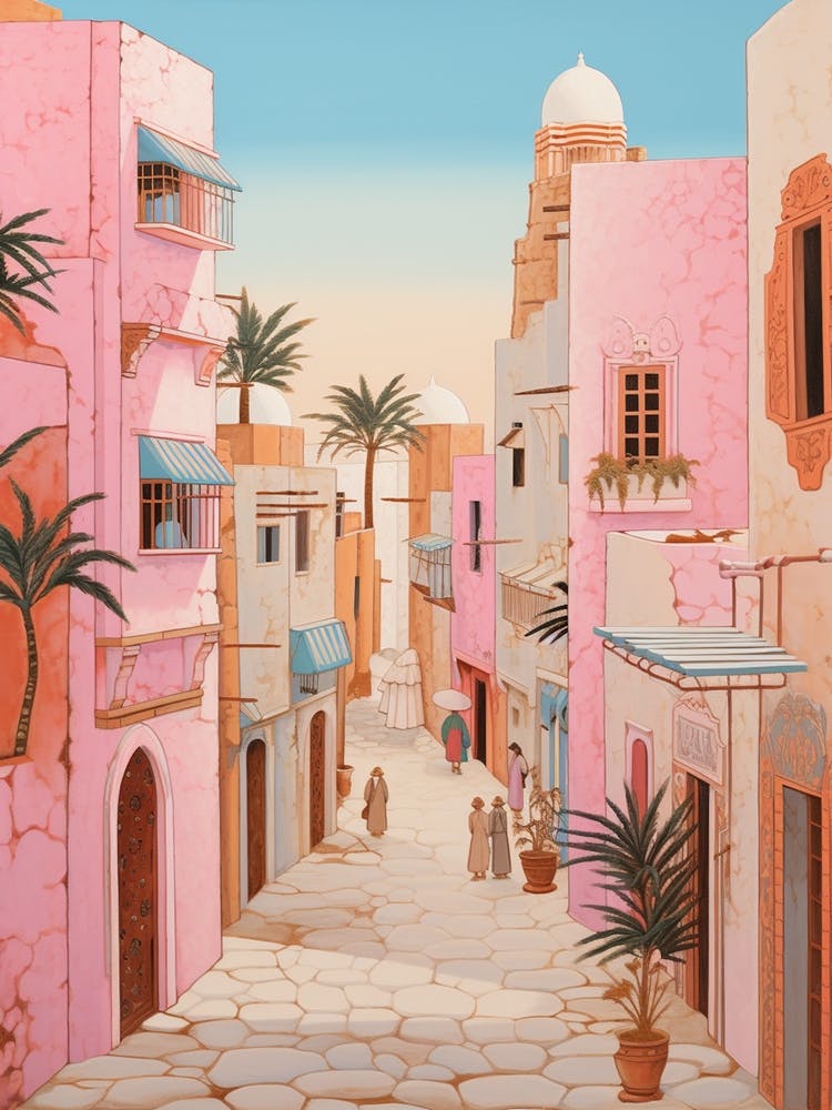 Djerba Tunisia 3 Vintage Pink Travel Illustration