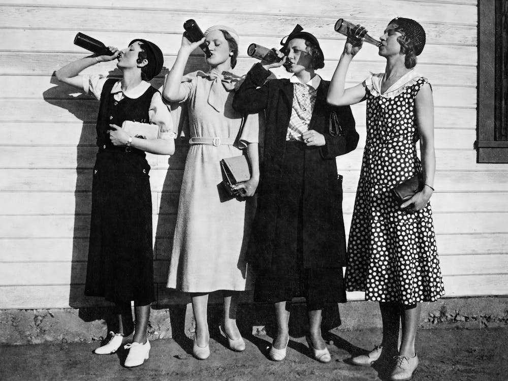Four Women Drinking Beer, Black and White Vintage Prohibition Old Photo, Bar Cart Decor