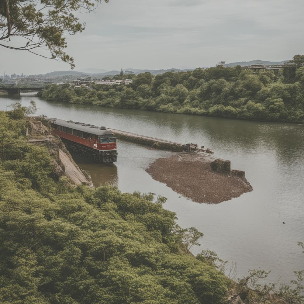A Train Passes In Front Of The River With Green Trees