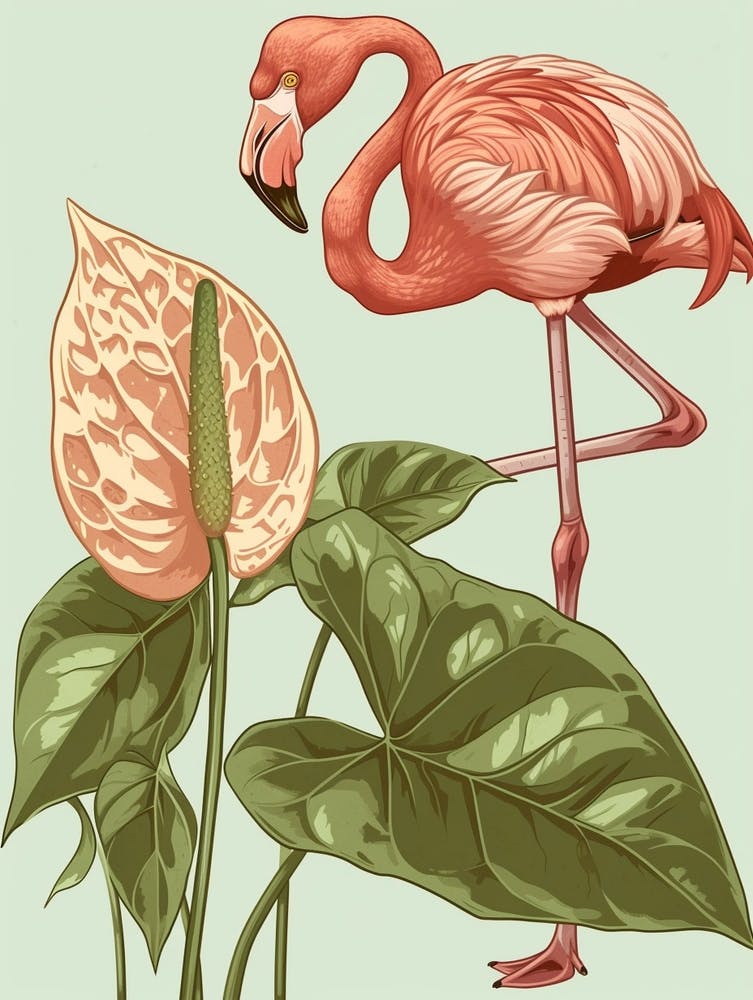 Lesser Flamingo And Anthurium Minimalist Illustration 1