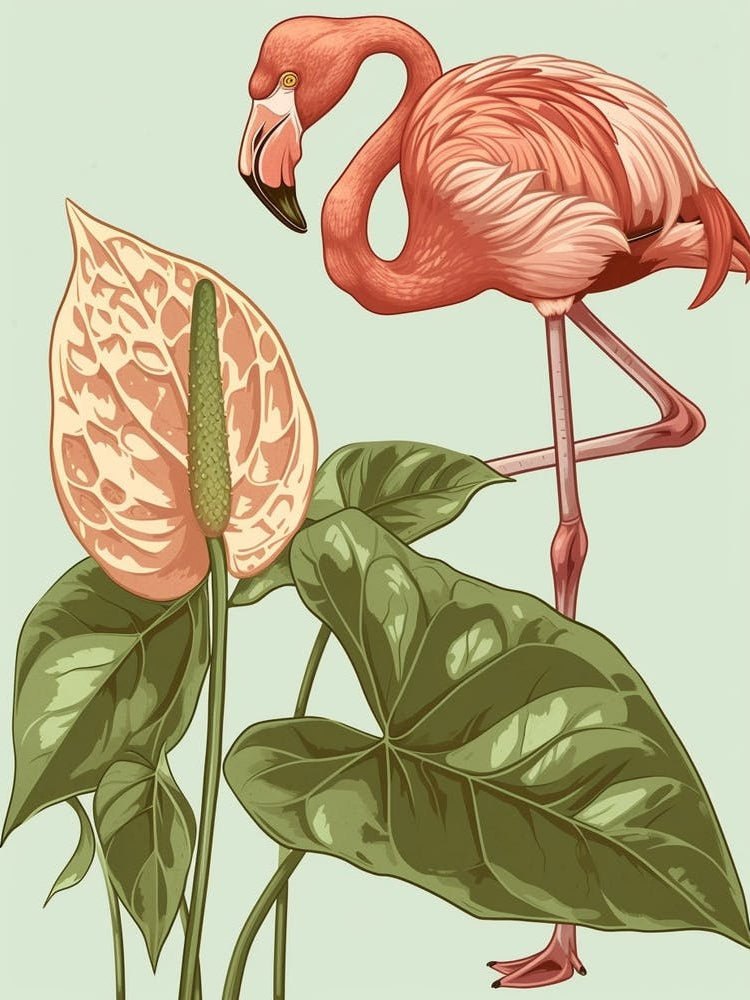 Lesser Flamingo And Anthurium Minimalist Illustration 1