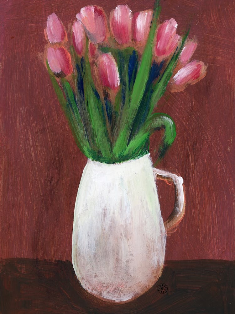 Tulips In A Vase - floral painting flowers vase white pink green brown Anton Maliar vertical