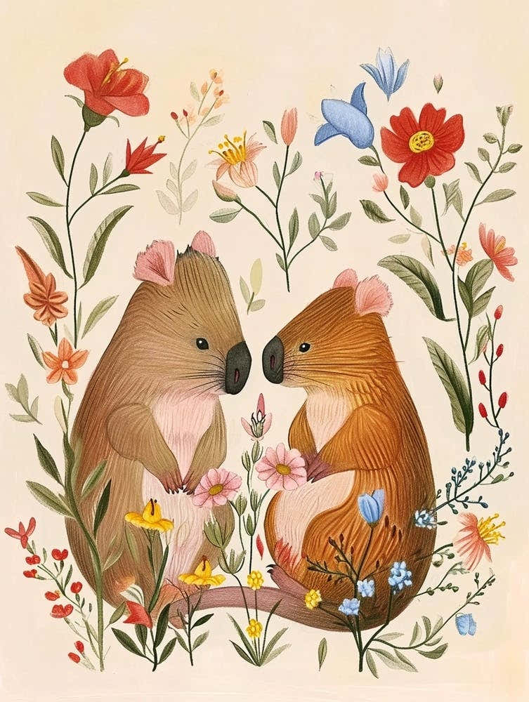 Folksy Floral Animal Drawing Wombat