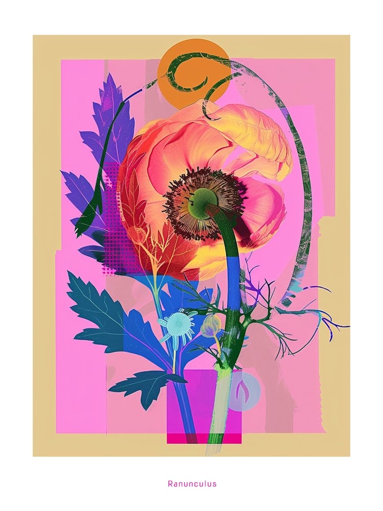Ranunculus 2 Neon Flower Collage Poster