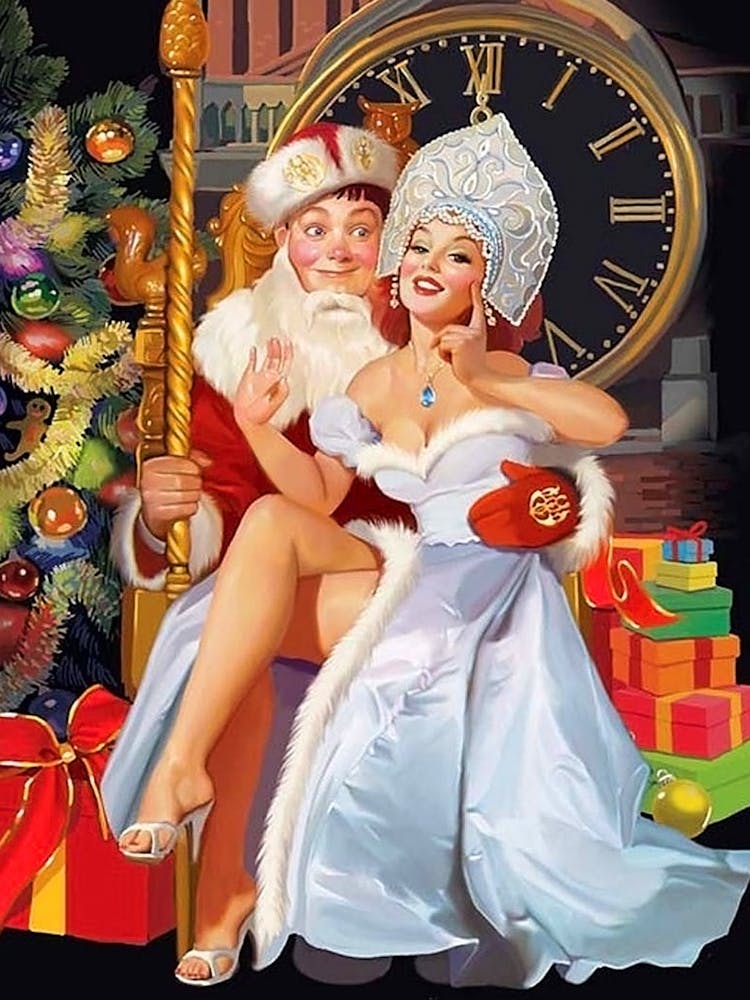 Pinup Sexy Girl And A Lucky Boy In Santa Claus Costume Posing Together
