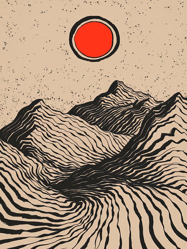 A minimalist pen and ink drawing of a mountainous 3