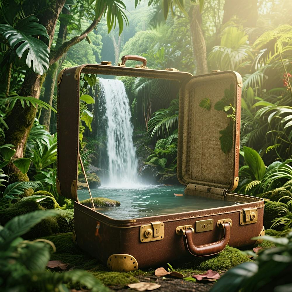 Koffer Im Dschungel Mit Wasserfall
