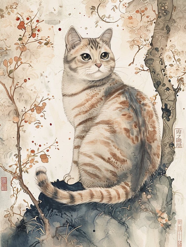 American Shorthair Cat Japanese Illustration 2