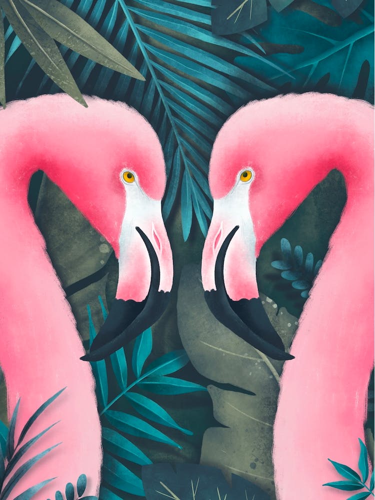 Emerald Green Hot Pink Flamingos Maximalist Print