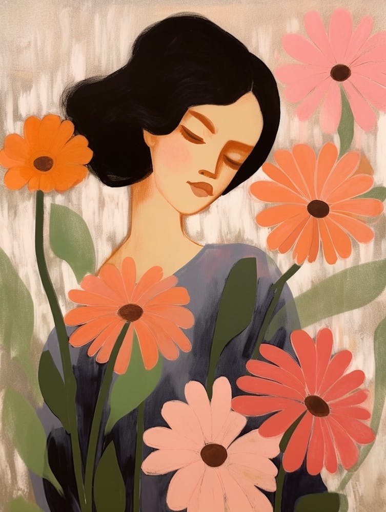 Woman With Autumnal Flowers Gerbera Daisy