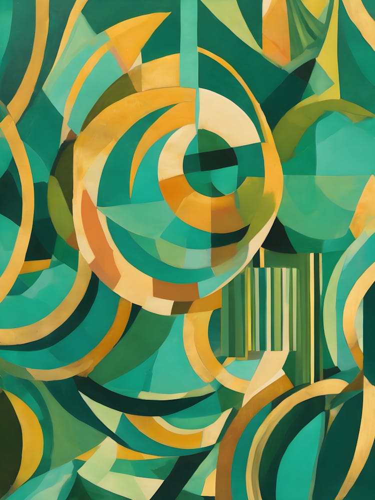 Smile - Abstract Art Deco Geometric Shapes Oil Painting Modernist Picasso Inspired Bold Gold Green Turquoise Gold Red Face Visionary Fantasy Style Wall Decor Surrealism Trippy Cool Room Art Invoke Psychedelic