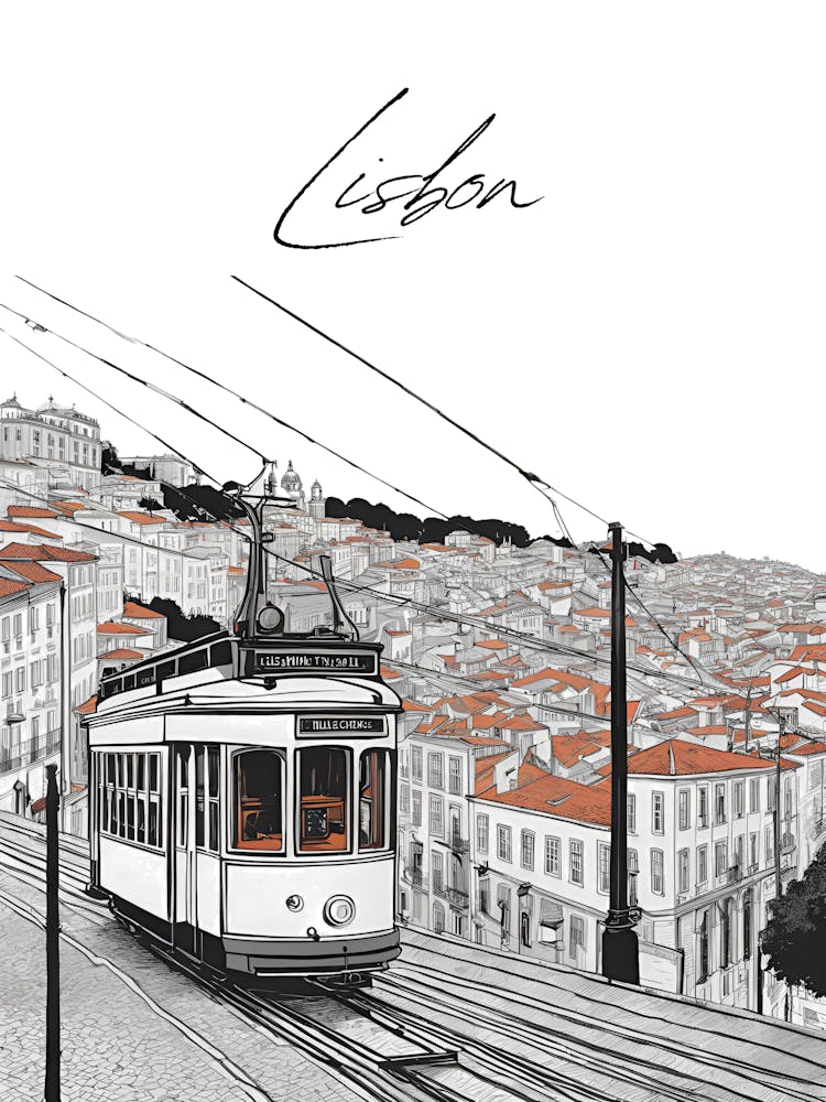 Lisbon Tram City, Black And White Illustration