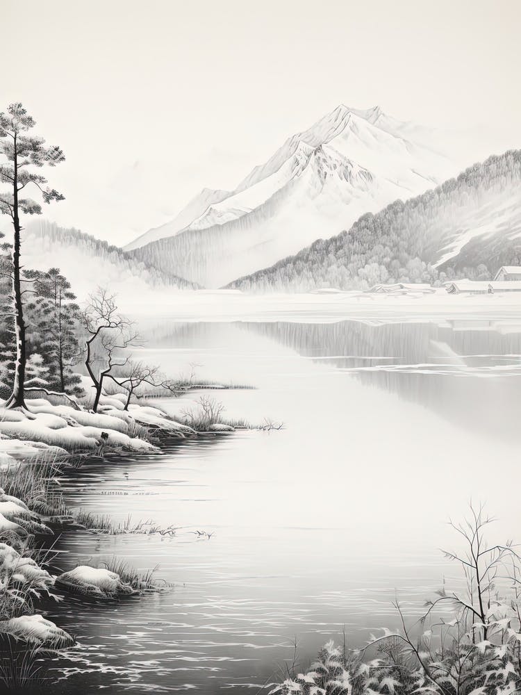 Kamikochi In Nagano In Nagano, Ukiyo E Black And White Line Art Drawing 1