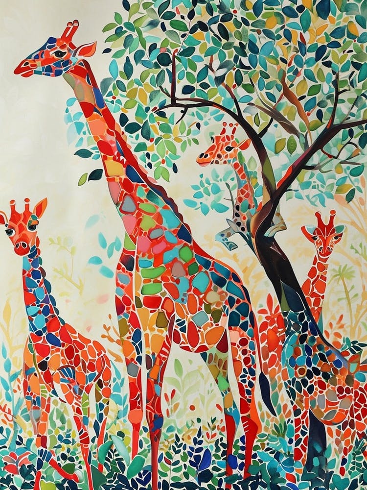 Cute Giraffe Herd Under The Trees Illustration 7