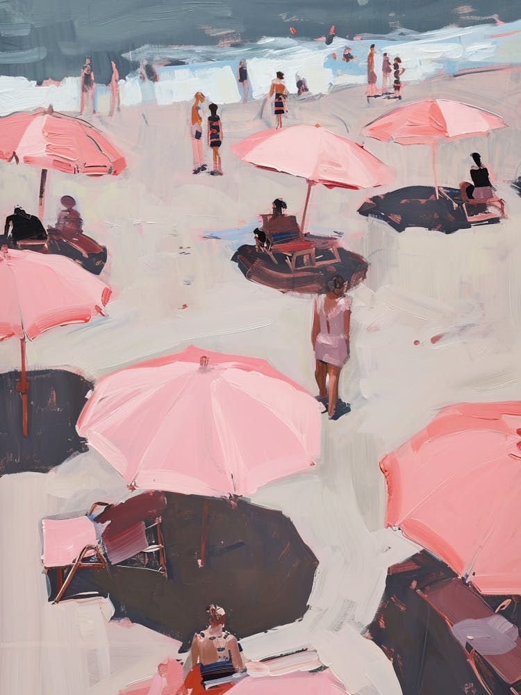 Pink Umbrellas At The Beach