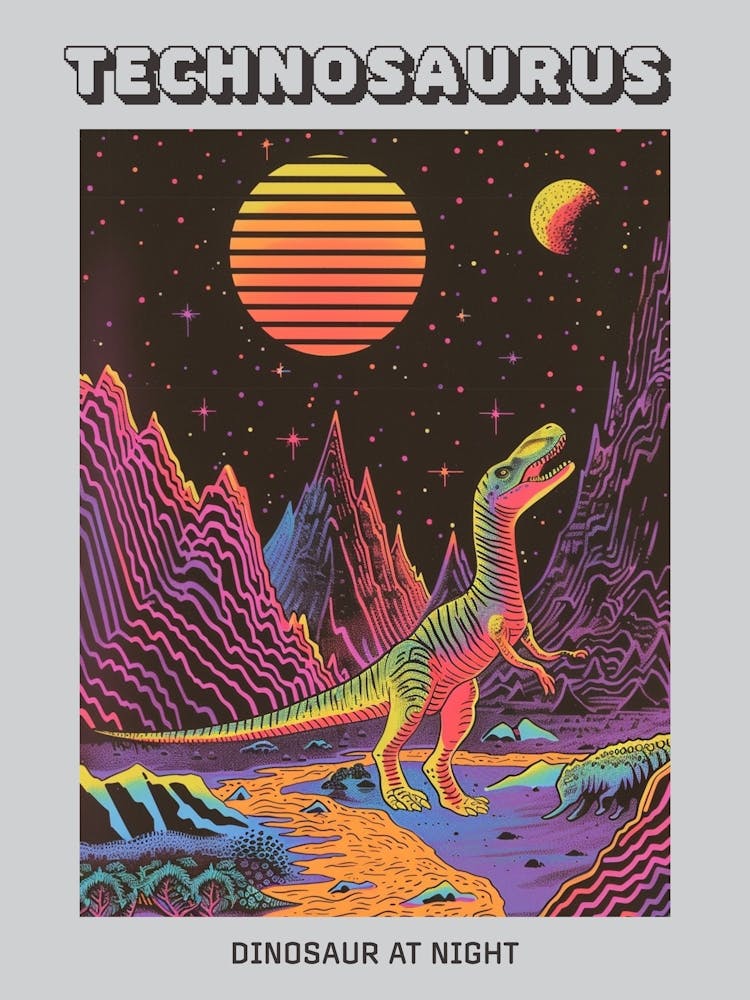 Neon Dinosaur At Night In Jurassic Landscape 1 Poster