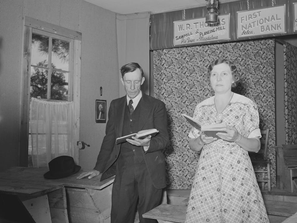 Farmer And His Wife Leading The Singing At Sunday School, Pie Town, New Mexico By Russell Lee