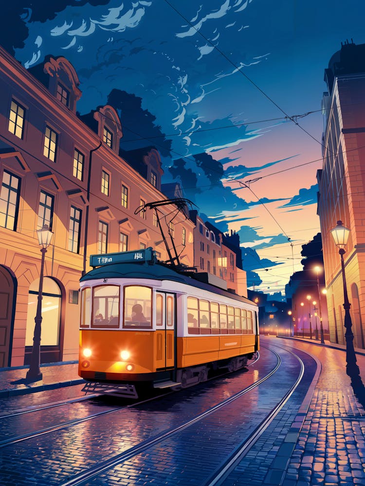 Anime Canvas Art: Vibrant Orange Tram on Curving Tracks at Dusk with Glowing City Windows, Perfect for Lofi Aesthetic and Urban Ambience Fans.