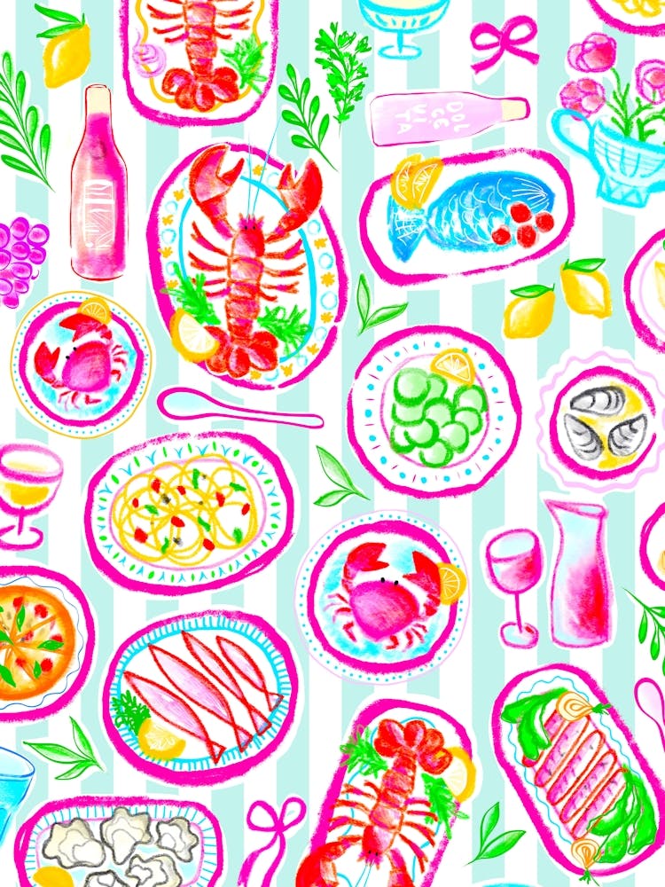 La Dolce Vita Master Chef Summer Dishes colourful Sketch seafood pasta blue stripes