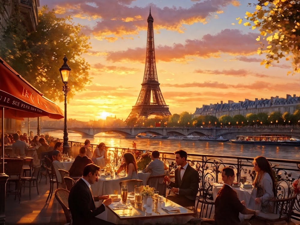Elegant Parisian Cafe Perched On The Seine Riverbank Golden Hour Illuminates The Setting Soft Refl (2)